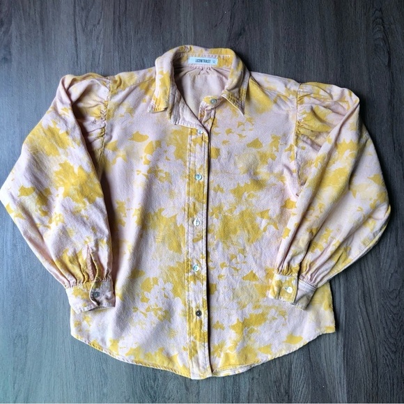Self Contrast Tops - Self Contrast Blouse Women’s XS Pink Yellow Linen Blend Puff Sleeve Button Shirt